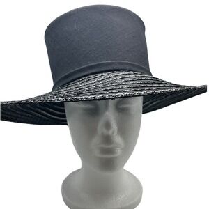 Vintage Marche Exclusive Black Wide Brim Hat Tall Crown Straw Mesh Bow 22 1/2 in